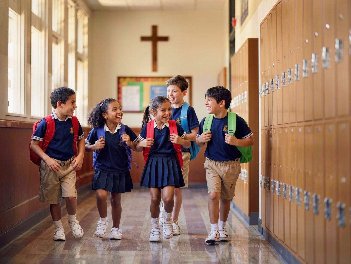 Students in a church school hallway